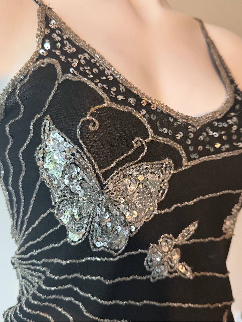 Y2K Black Sequin & Silver Embellished Butterfly & Floral Camisole - Picture 2 of 8
